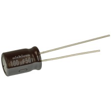 Elektrolitinis žemo impedanso kondensatorius 100uF 50VDC Nichicon 10x9mm