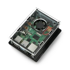 Dėklas skirtas Raspberry Pi 4B box V2 DIN bėgeliui - juodas ir skaidrus + ventiliatorius