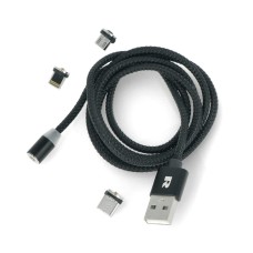 Magnetic USB cable 3in1 microUSB USB C Lightning 1m Black