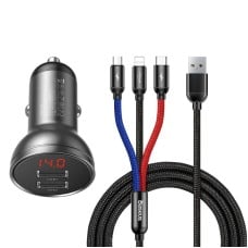 Baseus automobilinis įkroviklis 24W su 3-in-1 USB kabeliu 1.2m