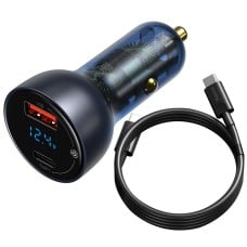 Baseus Particular Digital Display automobilinis įkroviklis su ekranu USB + USB-C QC3.0+PD 5A 65W + USB-C kabelis 1m 100W