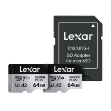 Set of 2 Lexar High-Performance Silver Plus microSDXC 2x64GB memory cards + adapter
