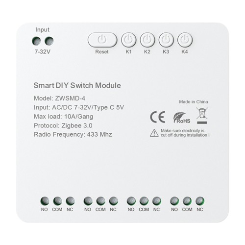 4 kanalų ZigBee jungiklio modulis su bevolte DC 32V kontaktu Avatto ZWSMMD-4-32V 4 kanalų ZigBee jungiklio modulis su bevolte DC 32V kontaktu Avatto ZWSMMD-4-32V