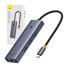 4in1 Hub Baseus UltraJoy USB-C iki 3x USB 3.0 + RJ45 (tarpo pilka)