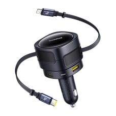 Baseus Enjoyment Max automobilinis įkroviklis su USB-C + Lightning laidais ir USB-A + USB-C prievadais, 90 W, juodas