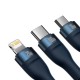 Baseus Flash Series 2 3-in-1 USB-cable, USB-C + micro USB + Lightning blue 100W, 1.5m