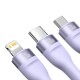 Baseus Flash Series 2 trys viename kabelis USB-C + mikro USB + Lightning violetinis 100 W, 1.5 m