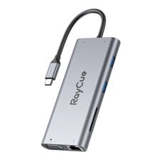 Hub 11w1 RayCue USB-C do 2x USB-A 2.0 480Mbps + 3x USB-A 3.2 5Gbps + SD/TF 3.0 + HDMI 4K30Hz + VGA 1080p + RJ45 + PD 3.0 100W (szary)