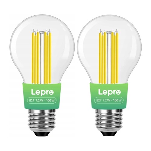 LEPRO 100094-WW-EU-2 E27 LED lemputė su kaitrine siūle, 7.2 W (100 W), 1521 lm, 2700 K, A klasė, 2 vnt, pakuotėje LEPRO 100094-WW-EU-2 E27 LED lemputė su kaitrine siūle, 7.2 W (100 W), 1521 lm, 2700 K, A klasė, 2 vnt, pakuotėje