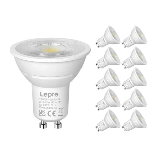 LEPRO 200084-DW-EU-10 GU10 reguliuojamo ryškumo LED lemputė, 4.5 W, 345 lm, 6500 K, 38°, 10 vnt. LEPRO 200084-DW-EU-10 GU10 reguliuojamo ryškumo LED lemputė, 4.5 W, 345 lm, 6500 K, 38°, 10 vnt.