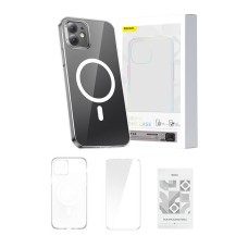 Telefono dėklas Baseus Magnetic Crystal Clear, skirtas iPhone 12 (skaidrus) su viso grūdinto stiklo ekrano apsauga ir valymo rinkiniu