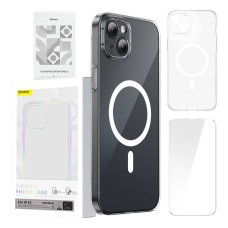 Telefono dėklas Baseus Magnetic Crystal Clear, skirtas iPhone 13 (skaidrus) su viso grūdinto stiklo ekrano apsauga ir valymo rinkiniu