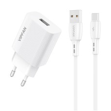 Network charger VFAN E01, 1x USB, 2.4A + USB-C cable (white)