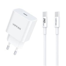 Sieninis įkroviklis VFAN E04 USB-C 20W QC 3.0 + USB-C kabelis – Baltas