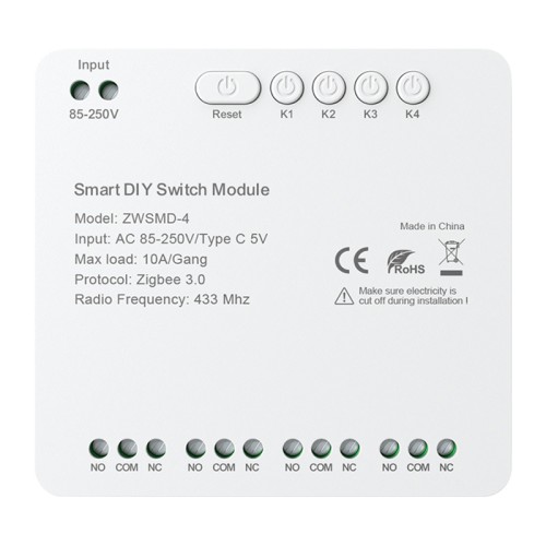 ZigBee 4 kanalų jungiklio modulis su bevolte DC 32V kontaktu Avatto ZWSMMD-4-250V ZigBee 4 kanalų jungiklio modulis su bevolte DC 32V kontaktu Avatto ZWSMMD-4-250V