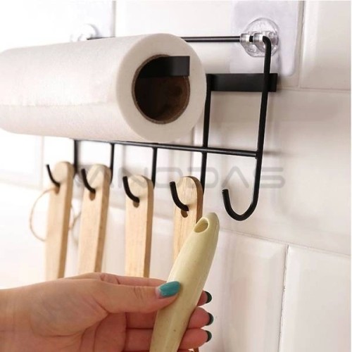 Popieriaus laikiklis su 5 pakabomis - juodas - Rankšluosčių laikiklio folijos Popieriaus laikiklis su 5 pakabomis - juodas - Rankšluosčių laikiklio folijos