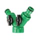 Tee with valves - garden quick connector for a hose - for a plant irrigation system.