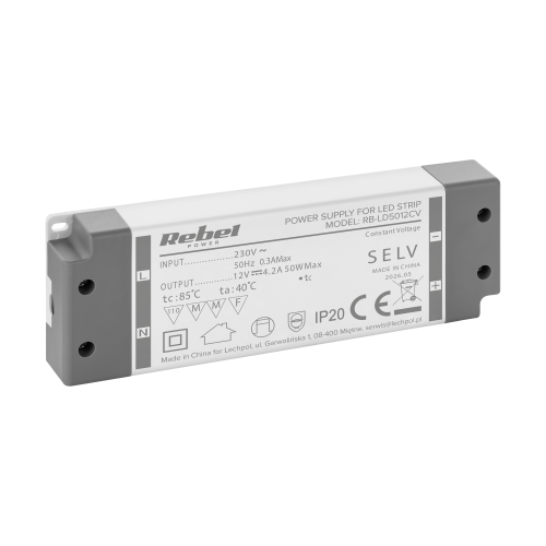 Rebel power supply for LED strings 12V/4.2A max.50W IP20 Rebel power supply for LED strings 12V/4.2A max.50W IP20