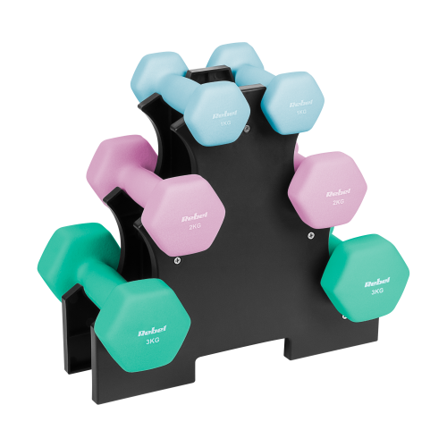HEX ketaus neopreno hantelių rinkinys 12 kg su stovu (2x1kg+2x2kg+2x3kg), REBEL ACTIVE HEX ketaus neopreno hantelių rinkinys 12 kg su stovu (2x1kg+2x2kg+2x3kg), REBEL ACTIVE