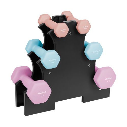 HEX ketaus neopreno hantelių rinkinys 7 kg su stovu (2x0.5 kg + 2x1 kg + 2x2 kg), REBEL ACTIVE HEX ketaus neopreno hantelių rinkinys 7 kg su stovu (2x0.5 kg + 2x1 kg + 2x2 kg), REBEL ACTIVE