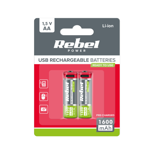 REBEL AA batteries, 1600 mAh, Li-ion, 1.5V, 2 pcs/bl, R6, type C socket REBEL AA batteries, 1600 mAh, Li-ion, 1.5V, 2 pcs/bl, R6, type C socket