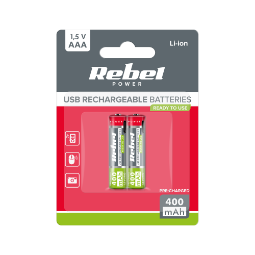 REBEL AAA baterijos, 400 mAh, ličio jonų, 1.5 V, 2 vnt./bl, R3, C tipo lizdas REBEL AAA baterijos, 400 mAh, ličio jonų, 1.5 V, 2 vnt./bl, R3, C tipo lizdas