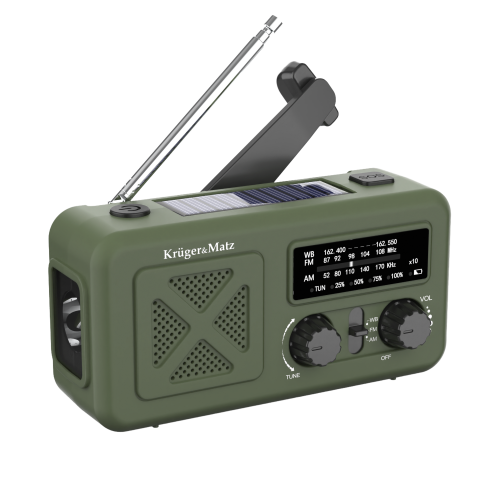 Saulės energija varomas radijas, nešiojamas SOS avarinis radijas, 2000 mAh išorinė baterija, žibintuvėlis, dinamo, Kruger&Matz Saulės energija varomas radijas, nešiojamas SOS avarinis radijas, 2000 mAh išorinė baterija, žibintuvėlis, dinamo, Kruger&Matz