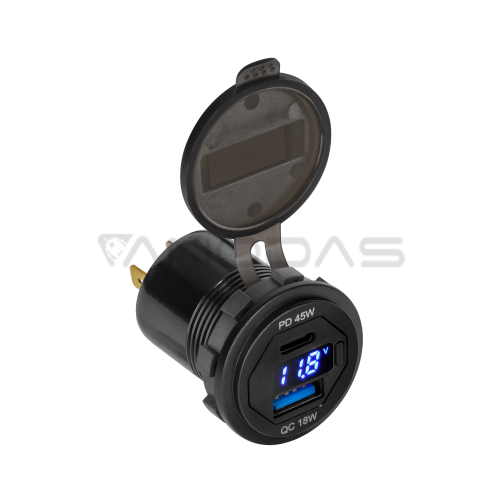 USB+USB tipo C automobilinis įkroviklis su greito įkrovimo funkcija, maitinimo tiekimu ir įtampos matuokliu 63W USB+USB tipo C automobilinis įkroviklis su greito įkrovimo funkcija, maitinimo tiekimu ir įtampos matuokliu 63W