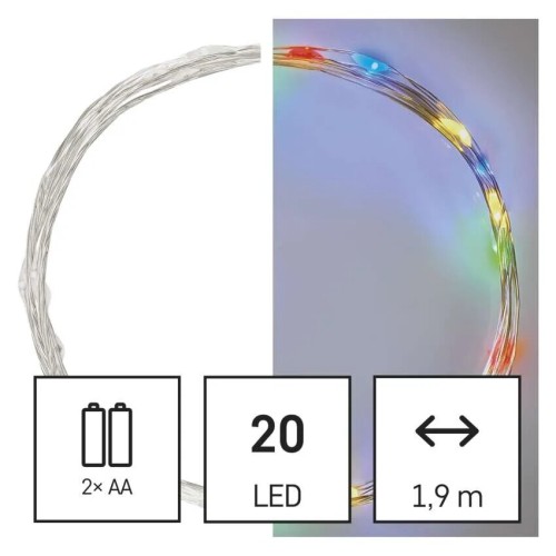 LED girlianda NANO, 3Vac (2xAA), 1.9m, 20 x LED, įvairių spalvų LED, su laikmačiu, EMOS LED girlianda NANO, 3Vac (2xAA), 1.9m, 20 x LED, įvairių spalvų LED, su laikmačiu, EMOS