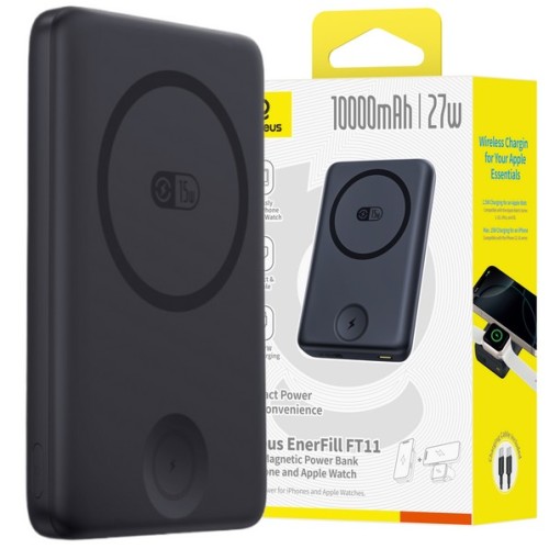 LiPo External battery (PowerBank) 10000mAh 27W with wireless QI + iWatch, magnetic holder Magsafe black EnerFill FR11 BASEUS LiPo External battery (PowerBank) 10000mAh 27W with wireless QI + iWatch, magnetic holder Magsafe black EnerFill FR11 BASEUS