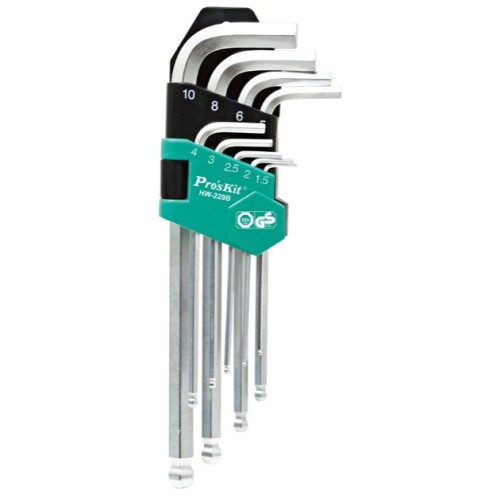 Šešiabriaunių raktų komplektas su apvaliais galais (Ball) 9 vnt., HW-229B Pro'sKit Šešiabriaunių raktų komplektas su apvaliais galais (Ball) 9 vnt., HW-229B Pro'sKit