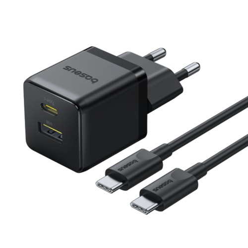 Sieninis įkroviklis Palm 30W USB + USB-C QC3.0 PD3.0 su USB-C kabeliu 1m, juodas Sieninis įkroviklis Palm 30W USB + USB-C QC3.0 PD3.0 su USB-C kabeliu 1m, juodas