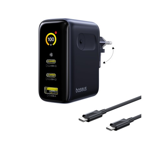 Sieninis įkroviklis PicoGo AE21 100W USB-A + 2xUSB-C QC PD su ekranu, juodas Sieninis įkroviklis PicoGo AE21 100W USB-A + 2xUSB-C QC PD su ekranu, juodas