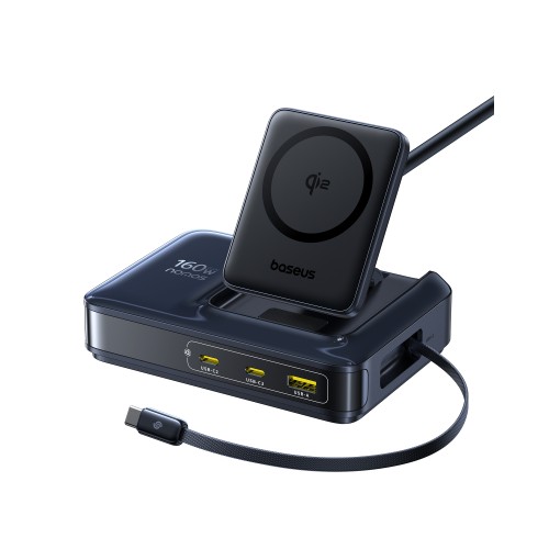Stalinis įkroviklis Nomos NH21 160W 2xUSB-C + USB-A su ištraukiamu USB-C kabeliu 80cm ir Qi2 belaidžiu įkrovimu, juodas Stalinis įkroviklis Nomos NH21 160W 2xUSB-C + USB-A su ištraukiamu USB-C kabeliu 80cm ir Qi2 belaidžiu įkrovimu, juodas