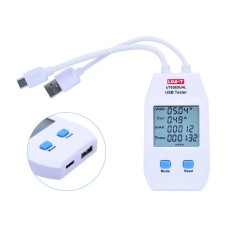 USB-A, USB-C testeris,  QC1.0/ 2.0/ 3.0/ 4.0 (Type C) ir QC1.0/ 2.0/ 3.0 (Type A) protokolai, 0~99999mAh; 0~1000Wh; 1~480?, 4~24VDC, UNI-T