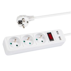 PR-370WSP/USB 3 lizdų maitinimo prailgintuvas + USB su įžeminimu + jungikliu 3x1.5mm 3m baltas