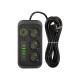 PS-350U 3-Socket Power Extension Cord 4xUSB 1xUSB-C 5m Black 2x1mm