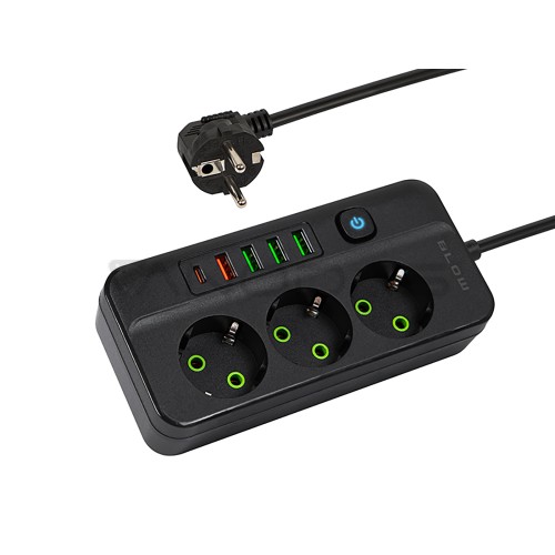 PS-350Z Maitinimo prailginimo kabelis su 3 lizdais, 4xUSB+USB-PD, 5m, juodas, 3x1mm PS-350Z Maitinimo prailginimo kabelis su 3 lizdais, 4xUSB+USB-PD, 5m, juodas, 3x1mm