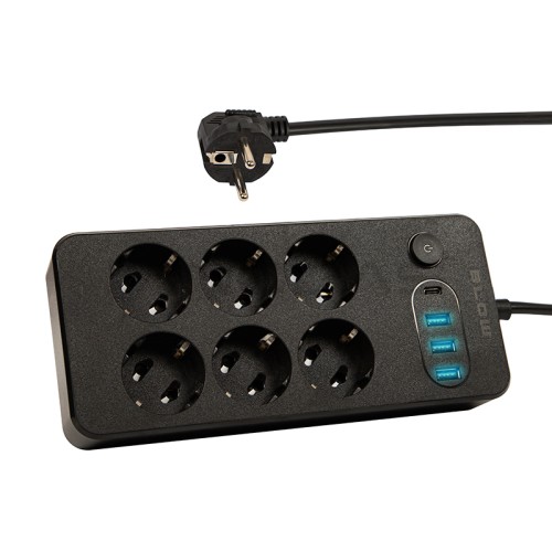 PS-630 6-Socket Power Extension Cord 3xUSB 1xUSB-C 3m Black 2x1mm  PS-630 6-Socket Power Extension Cord 3xUSB 1xUSB-C 3m Black 2x1mm