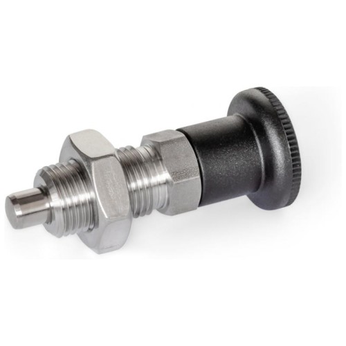 Nerūdijančio plieno indeksavimo kaištis GN 818-6-9-BK-A4 - be vertikalios padėties, plastikinė rankenėlė, su fiksavimo veržle Nerūdijančio plieno indeksavimo kaištis GN 818-6-9-BK-A4 - be vertikalios padėties, plastikinė rankenėlė, su fiksavimo veržle