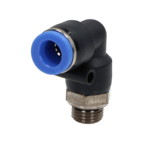 Pneumatinė kampinė žarnos jungtis, 10 mm skersmens, G 1/4 išorinis sriegis. Pneumatinė kampinė žarnos jungtis, 10 mm skersmens, G 1/4 išorinis sriegis.