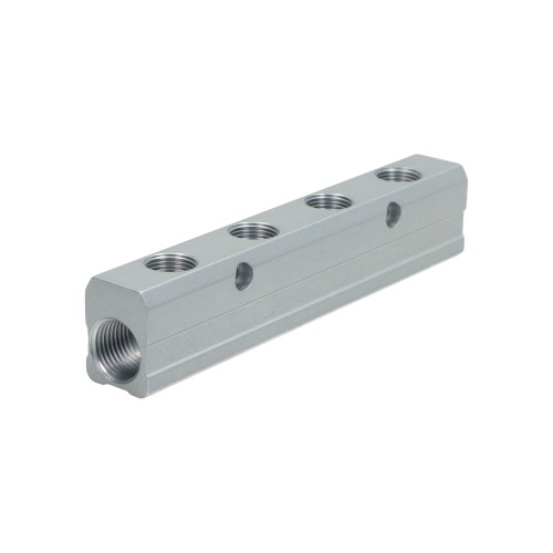 Srieginė aliuminio paskirstymo juosta, kolektorius 2 x G 1/2 GW - 4 x G 3/8 GW Srieginė aliuminio paskirstymo juosta, kolektorius 2 x G 1/2 GW - 4 x G 3/8 GW