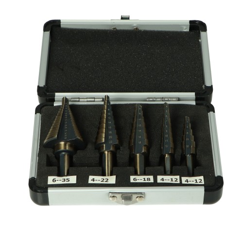 TiN kūginiai grąžtai 4-35mm, rinkinys iš 5 dalių aliuminio korpuse  TiN kūginiai grąžtai 4-35mm, rinkinys iš 5 dalių aliuminio korpuse