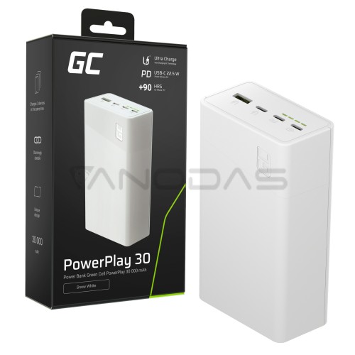 Greencell PowerPlay 30 – balta išorinė baterija, kurios talpa 30 000 mAh, 22.5 W, 4 prievadai  Greencell PowerPlay 30 – balta išorinė baterija, kurios talpa 30 000 mAh, 22.5 W, 4 prievadai