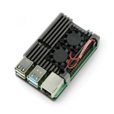 Raspberry Pi 4B aliumininis radiatorius - dėžutė pilkos spalvos su dviem ventiliatoriais 
